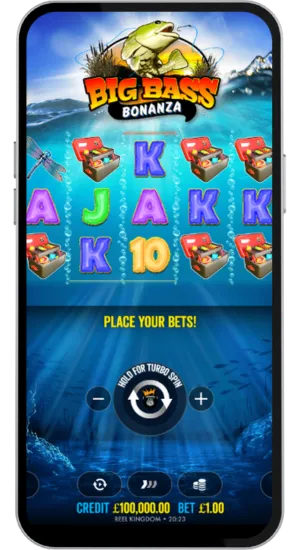 Main game reels with tackle box and card symbols