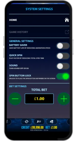 System settings menu with bet and spin options