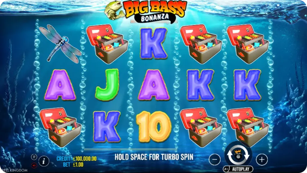 Reels with fishing floats, rods and cash fish over a blue lagoon background in Big Bass Bonanza